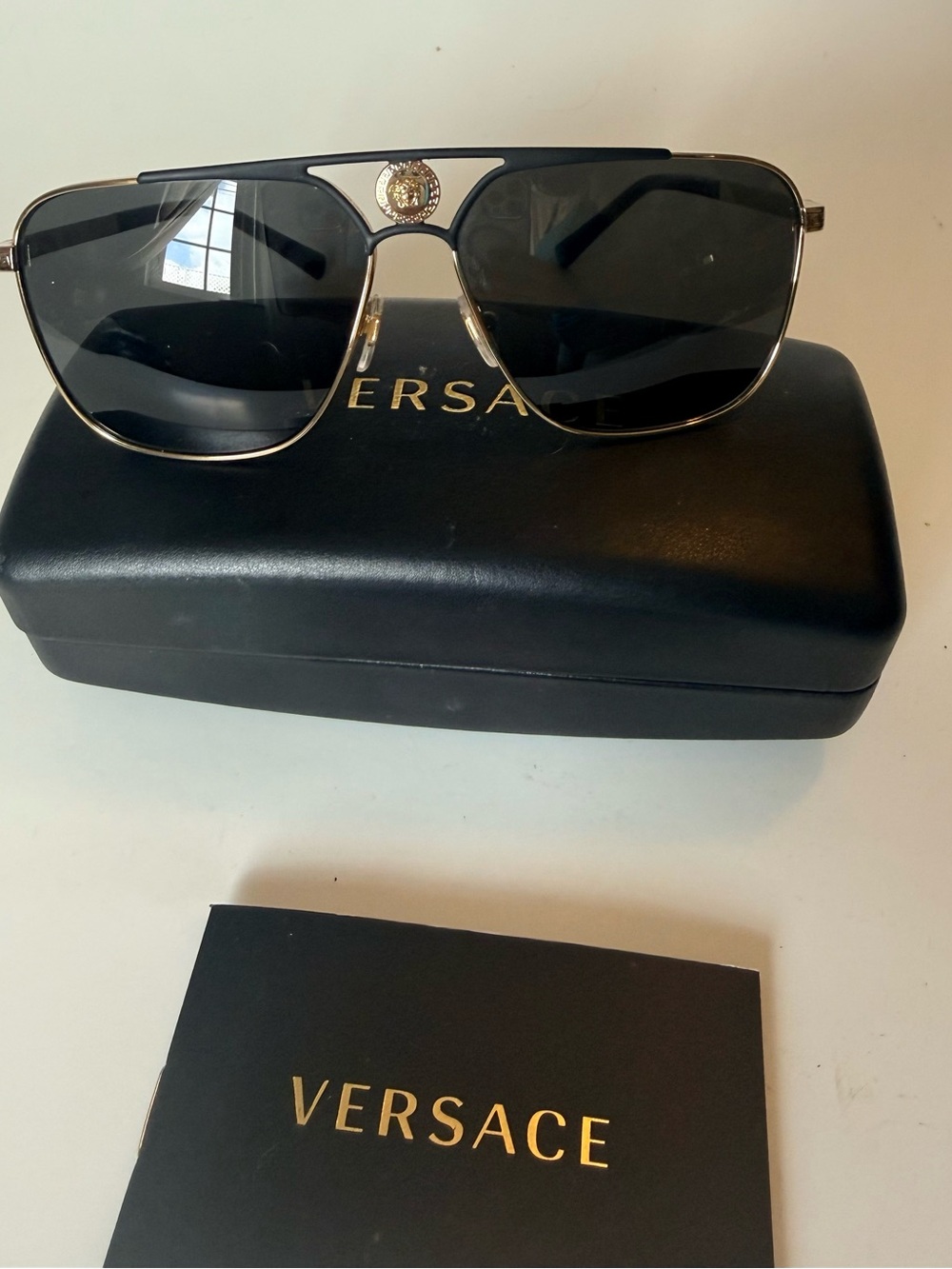 Versace Black and Gold Pilot Sunglasses with Medusa Accent